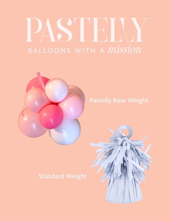 pastelly base weight with mini balloons and a standard balloon base weight in confetti