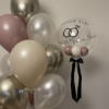 balloon clusters and one clear balloon with custom text and black ribbon