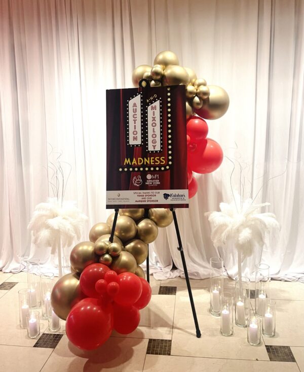easel red gold and white balloon garland