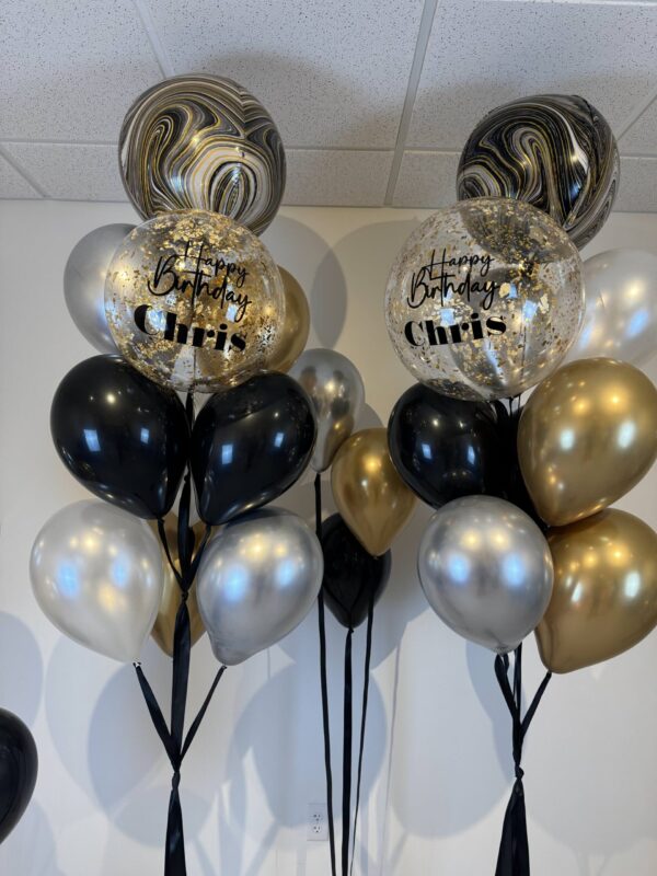 black, silver and gold balloon bouquet