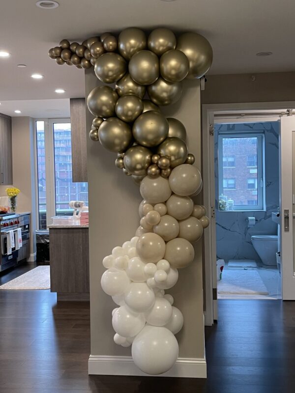 Gold chrome, beige and white balloon garland for housewarming