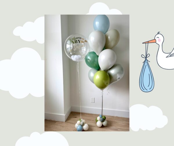 clear bobo with personalized text and a balloon bouquet with 10 balloons
