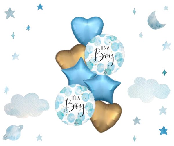 mylar blue and gold stars, baby bundle balloons