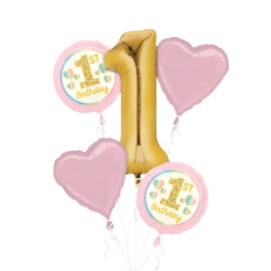 5 piece balloon bundle for first birthdays in pink mylar heart shapes and a number one gold foil balloon