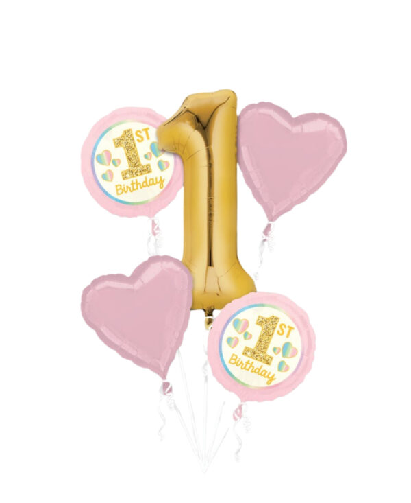 5 piece balloon bundle for first birthdays in pink mylar heart shapes and a number one gold foil balloon