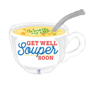 32 inch cup and spoon balloon with a get well souper soon text