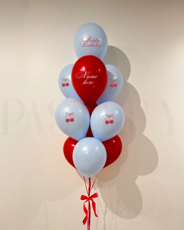 baby blue and red balloons with cherries and personalized name text