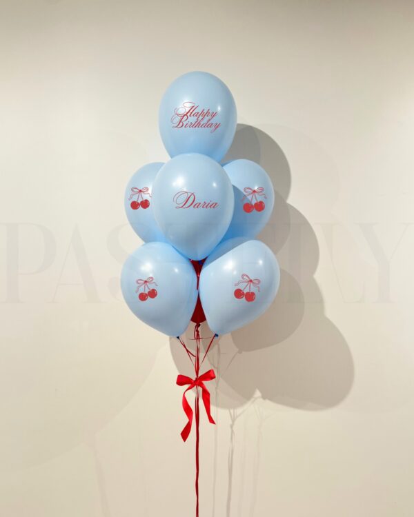 baby blue and red balloons with personalized name text and cherry prints