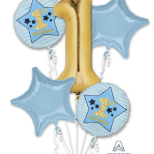 five piece balloon bundle with a gold number one, blue stars and printed round mylar balloons